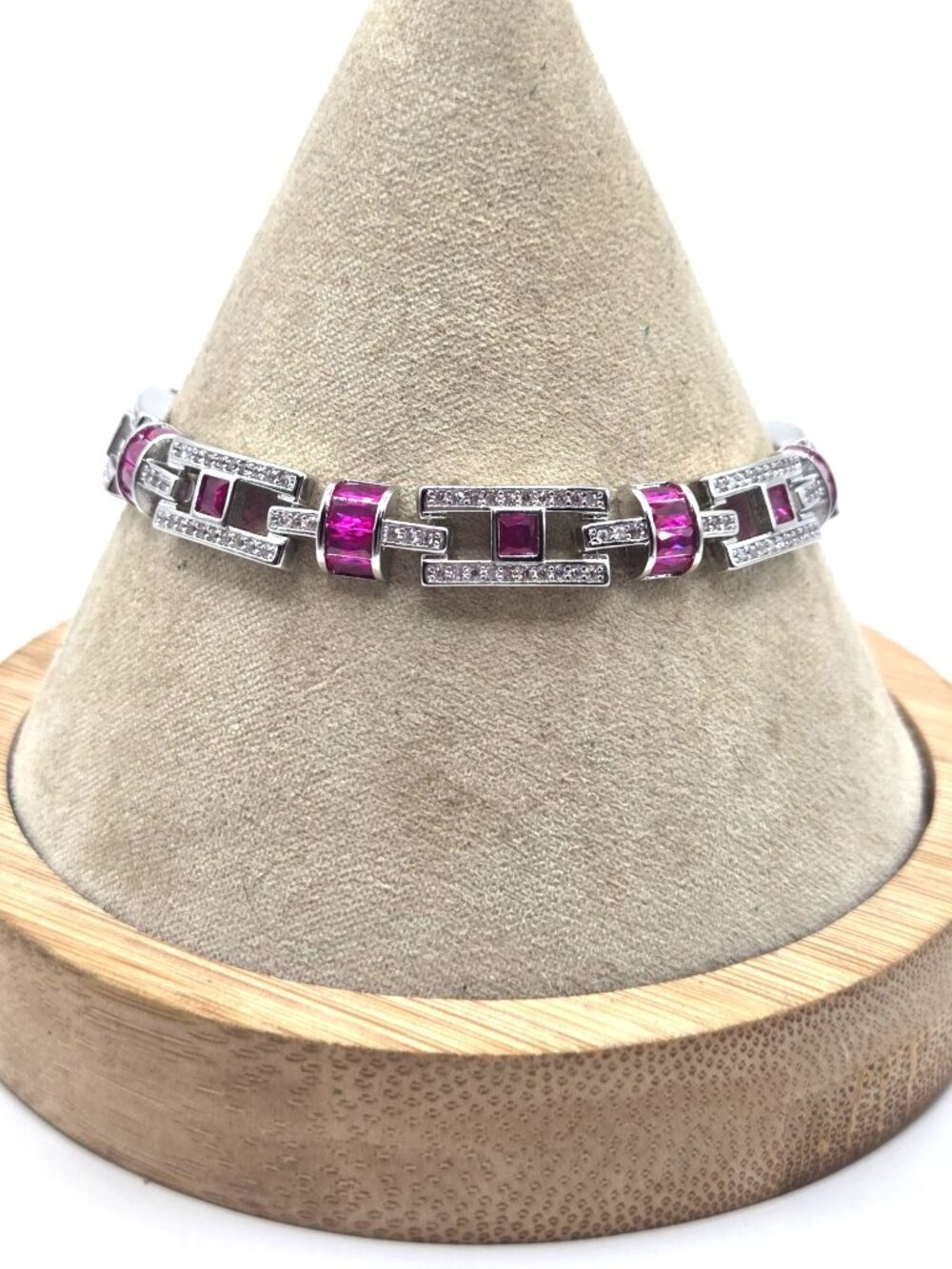 Silver-Tone Bracelet With Pink Gemstones & Clear Accents Geometric Design